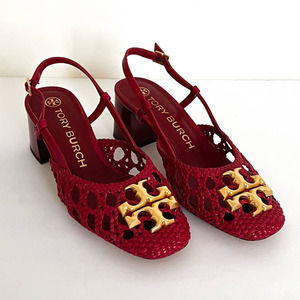 Vintage Tory Burch Eleanor Pumps Woven Block Chunky Heel Sling Back Leather 6.5M